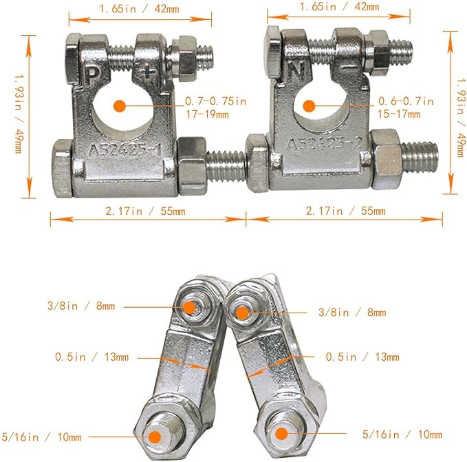 DLronwey Battery Terminal Connectors,Military Spec Positive Negative Heavy Duty Battery Terminals with 8 pcs 2 Gauge 3/8" Copper Lugs,8 Heatshrink,4 Cover and Anti Corrosion Washers