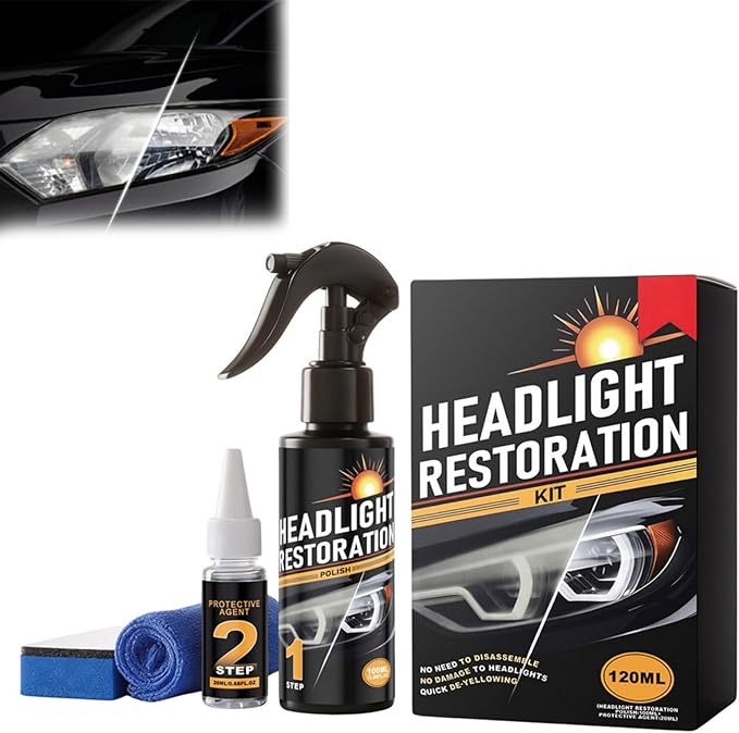 Anti-Yellowing and Oxidation Headlight Restoration Kit, Automotive Headlamp Restoration Fluid Kit, No Power Tools Needed Spray & Wipe, Long-Lasting Protection for 2-3 Vehicles (1 Set)