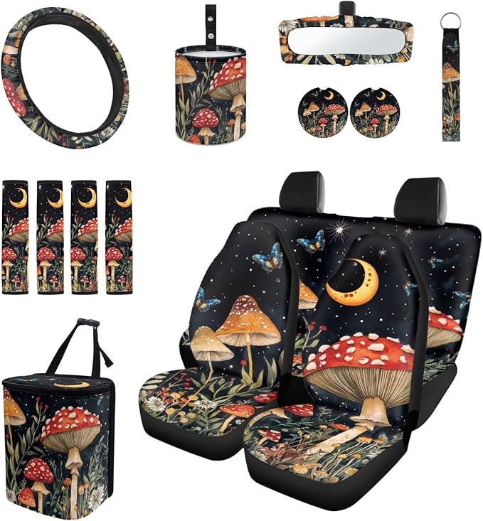 15 Pcs Moon Mushroom Butterfly Auto Interior Accessories Car Seat Covers with Auto Steering Wheel Cover Seat Belt Covers Car Trash Can View Mirror Cover Coaster Keychains