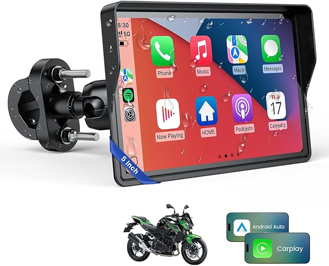 WonVon 5 Inch Motorcycle Carplay GPS Navigation System with Apple Carplay and Android Auto Portable Screen with Dual Bluetooth, Navigation, Siri, Google Assistant