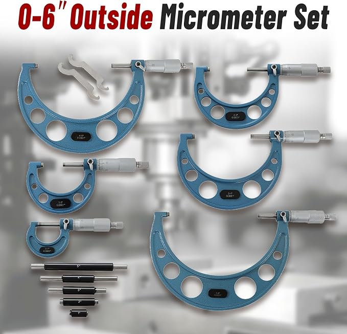 findmall 0-6" Outside Micrometer Set (0-1", 1-2", 2-3", 3-4", 4-5", 5-6"), 0.0001" Accurate Carbide Ratchet Handle Accuracy Machinist Tool Set with Carbide Tip