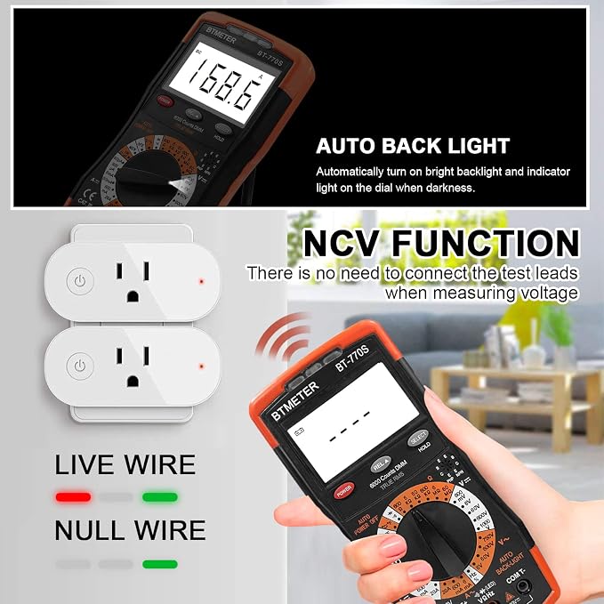 BTMETER BT-770S Multimeter Manual Ranging Electric Meter, for AC DC Volt Amp Ohm Capacitance Frequency with Continuity Tester, Auto Backlit for Automotive Hobbyist Electrical Home