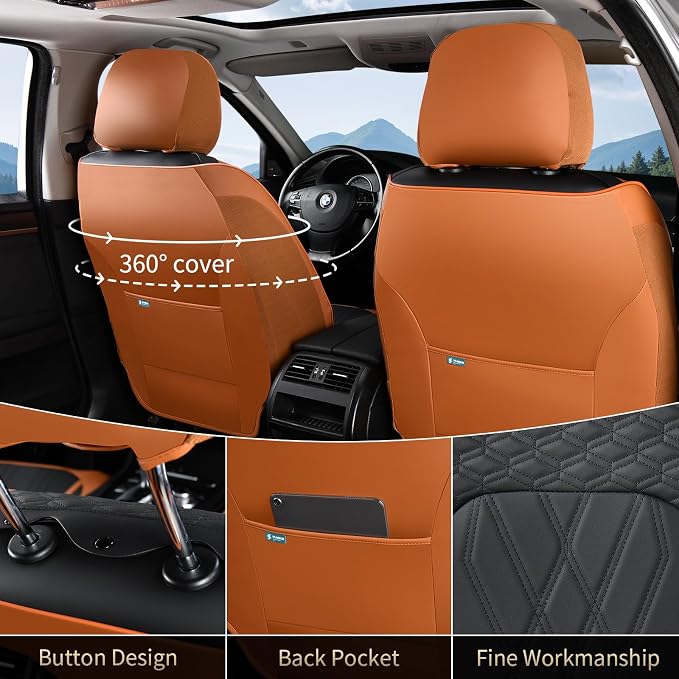FLORICH Front Seat Covers Leather Seat Covers for Cars Automotive Seat Cover Breathable Waterproof Full Wrapping Edge Car Seat Protector Cover Universal Fit for Most Car Truck SUV, Brown&Black