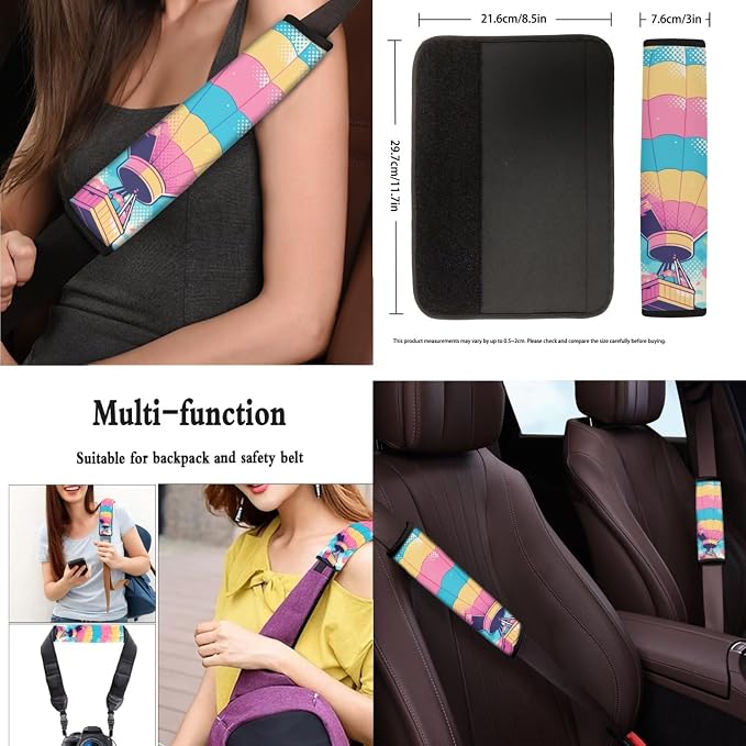 Rainbow 13 Pcs Car Seat Covers, Hot Air Balloon Universal Driver Seat Cover Protector Armrest Pad, Vacation Flying Balloons Steering Wheel Armrest Cover Seatbelt Cup Mats