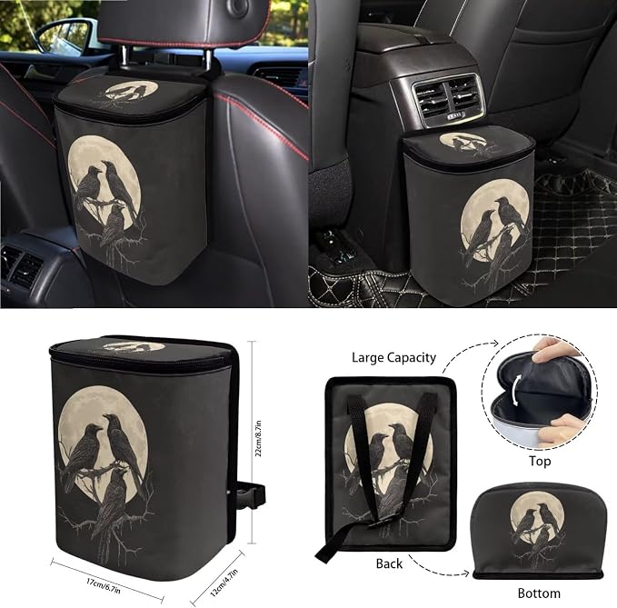Crow Moon Pattern Auto Accessories Set of 15, Car Seat Cover Steering Wheel Cover Seat Belt Cover Air Vent Storage Bag Keychain Trash Bin and Mirror Cover