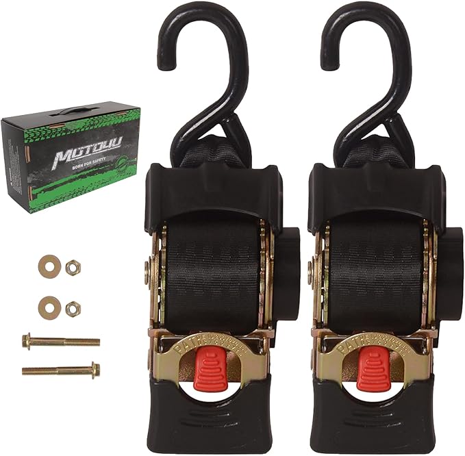 MOTO4U 2" x 8.8' Bolt-On Retractable Ratcheting Tie-Down Strap AutoRetract Marine Strap Transom Tie Downs w/S Hook for Motorcycle Boats Trailers（one Pair）