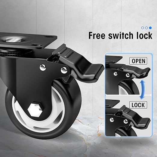 4" Swivel Plate Casters, 1200Lbs Capacity with Brake | Black, 4-Pack, PU Wheels, Double Ball Bearings, Quiet & Non-Marking, for Workbenches & Carts