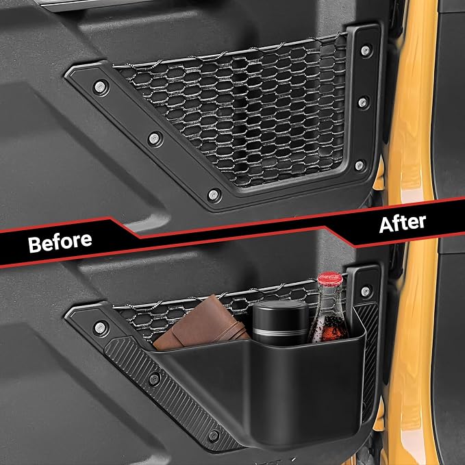 2PCS Front Door Storage Pockets Compatible with 2021-2025 2026 Ford Bronco Accessories Cup Holder Side Organizer Box for Bronco Storage 2/4 Door (Not Sport)