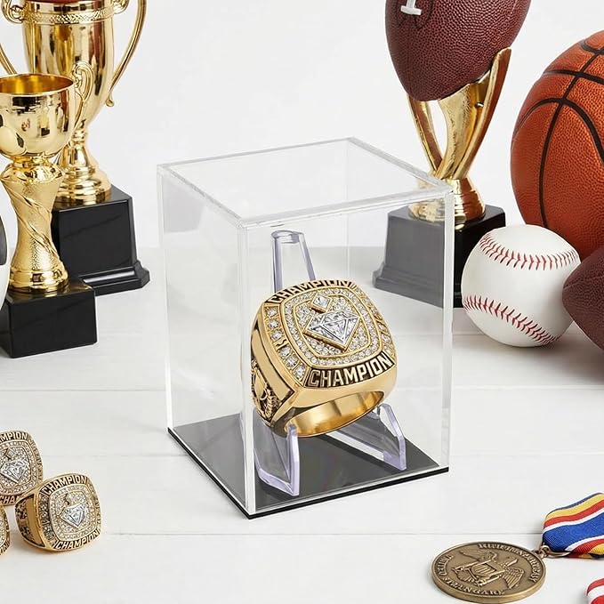 Clear Acrylic Championship Ring Display Case with Black Base, Memorabilia Stand Cube Holder, Dust Protective Transparent Storage Box for Single Rings Souvenir Ring Collections