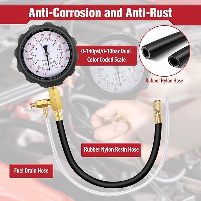 BETOOLL 0-140PSI Fuel Pressure Tester Kit, Fuel Injector Injection Pump Pressure Gauge Kit for Gasoline Cars, Trucks and Motorcycles