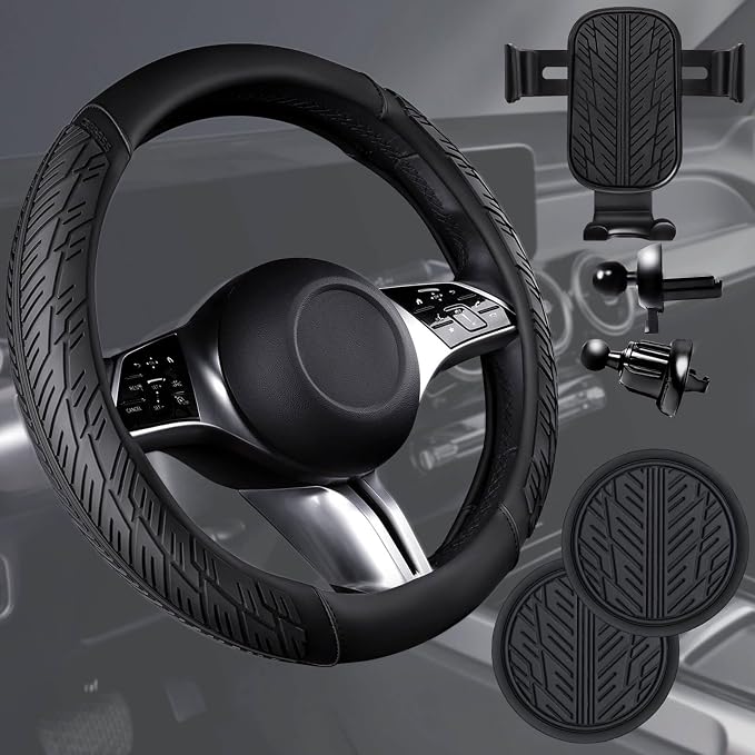 CAR PASS Universal Leather Sport car seat Covers&Leather Rubber Steering Wheel Cover Set,Equipped with Mobile Phone Holder and Non-Slip Cup Mat,Suitable for Steering Wheel 14.5-15” All Black