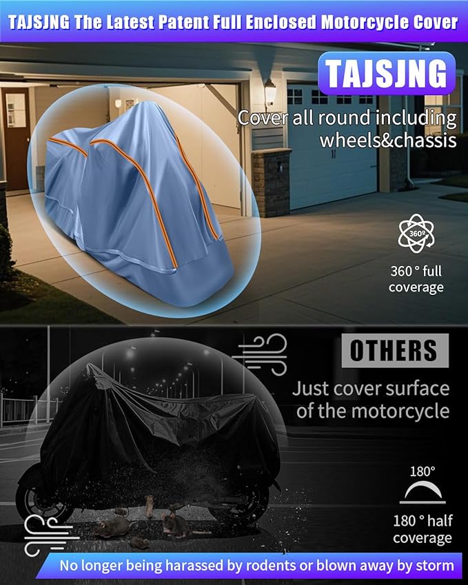 Full Enclosed Large Motorcycle Cover Waterproof Outdoor/Indoor Storage Waterproof Motorcycle Cover Heavy Duty with Reflective Strips Fits Motorcycles Length up to 118" with Side+Top Box