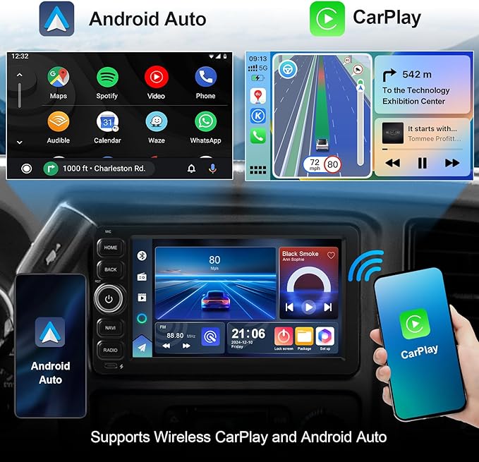 2+64G Android 14 Double Din Car Stereo for Chevrolet Silverado Impala Tahoe GMC Sierra Yukon Hummer H2 with 7 Inch IPS Touchscreen Radio Built-in Wireless Carplay/Android Auto/Bluetooth/FM/AUX/SWC
