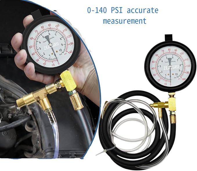 Fuel Injection Pressure Tester Kit 0-140 PSI, Pro Fuel Pressure Gauge with 3 Sizes Fuel Line Fittings (6.30mm/7.89mm/9.49mm) for Car, Truck, Motorcycle
