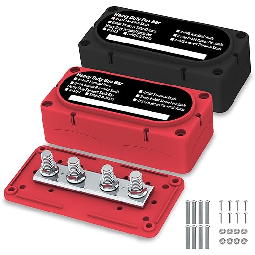 Heavy Duty Bus Bar 300A 12V Power Distribution Block with 3/8" (M10) 4-Posts Terminals Block with Cover for Automotive, Marine, Battery System(Black & Red)
