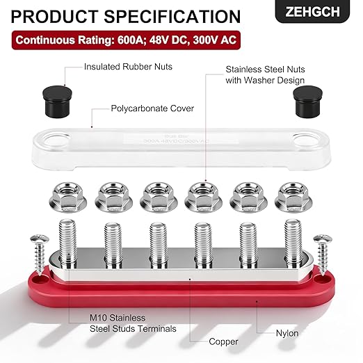 600A Bus Bar 12V Power Distribution Block with 3/8" Studs,Marine Battery Bus Bar Terminal Block Positive & Negative for Automotive Car Boat Solar System (600A 6 x 3/8" Terminal Studs)