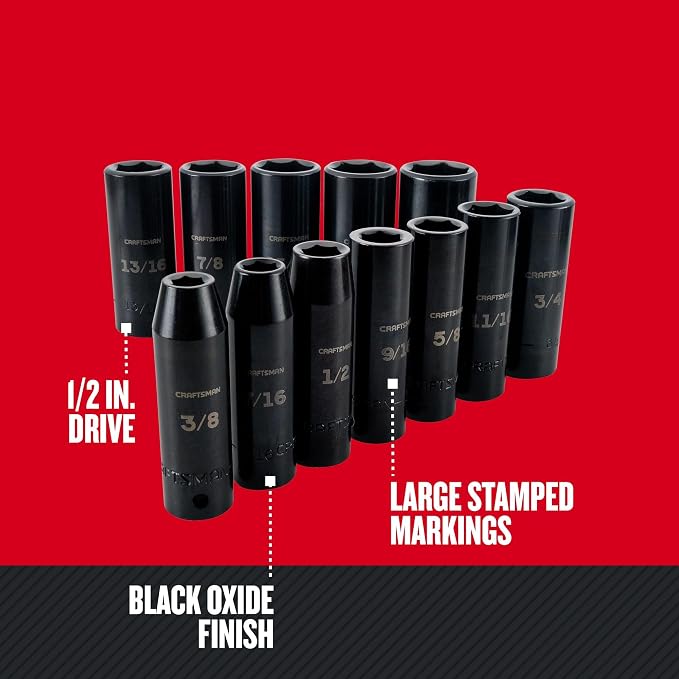 CRAFTSMAN Deep Impact Socket Set, SAE, 1/2-Inch Drive, 6-Point, 12 Pieces (CMMT15886)