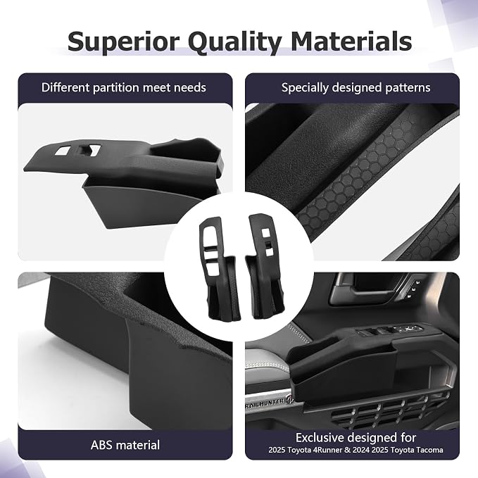 LUWU Door Side Storage Box Compatible with 2025 Toyota 4Runner Accessories Side Organizer Tray 2025 4Runner Center Console Organizer TPE Material Front Storage Box Black 2-Pack