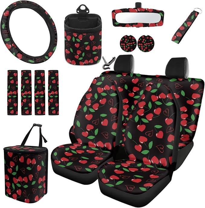 Dreaweet Cute Car Seat Covers Full Set for Women Cherry Car Accessories Interior 15 Pcs,Car Steering Wheel Covers Seatbelt Covers Coaster Trash Can Air Vent Holder Rear View Mirror Cover Keychain