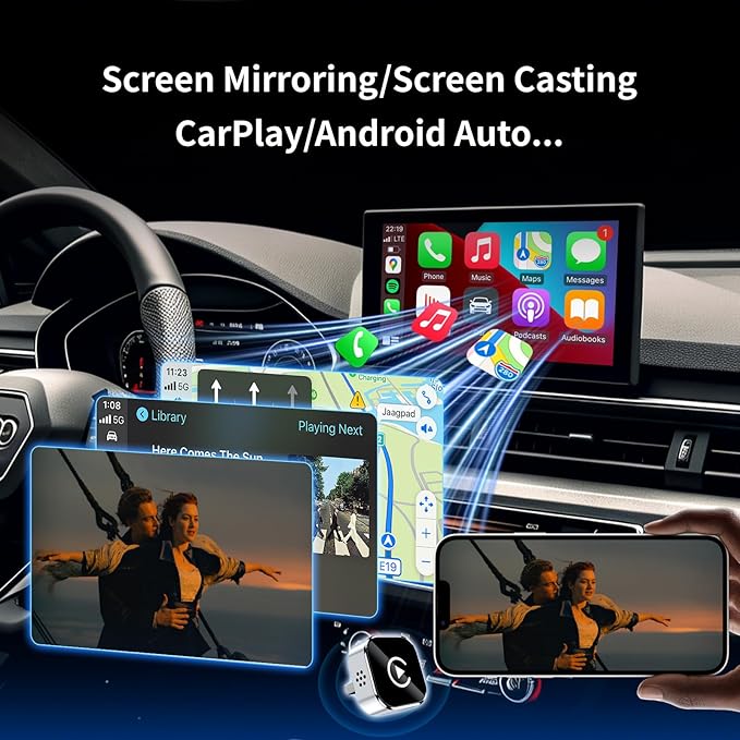 HYPAX Wireless CarPlay Adapter-4 in 1 Screen Mirror Link Car Adapter Android Auto Multi-User Seamless Connection Converts Wired to Wireless CarPlay Adapter - No Latency from iOS 10+ to Screen w/USB-C