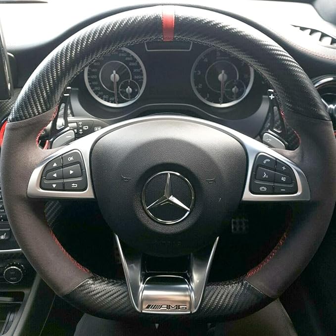 Matte Black Carbon Fiber&Suede Leather Steering Wheel Cover Hand-Stitch on Wrap Fit for Mercedes Benz W205/C43 GLA45 GLC43 AMG/CLA-Class C117/X156/C218/W213/X253 C253/W166/W222/SLC R172/R231