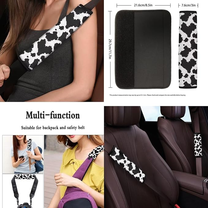 8 Pcs Cow Print Car Interior Accessories Set for Women, Car Seat Covers with Steering Wheel Cover Shoulder Pads Auto Center Console Pad, Automotive Decorations