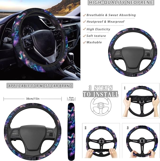 KEIAHUAN Purple Rose Hummingbird Car Seat Cover Full Set for Women with Steering Wheel Cover/Cup Coasters/Gear Shift & Handbrake Cover/Headrest Cushion Pads Fit Most Van Sedan Truck SUV
