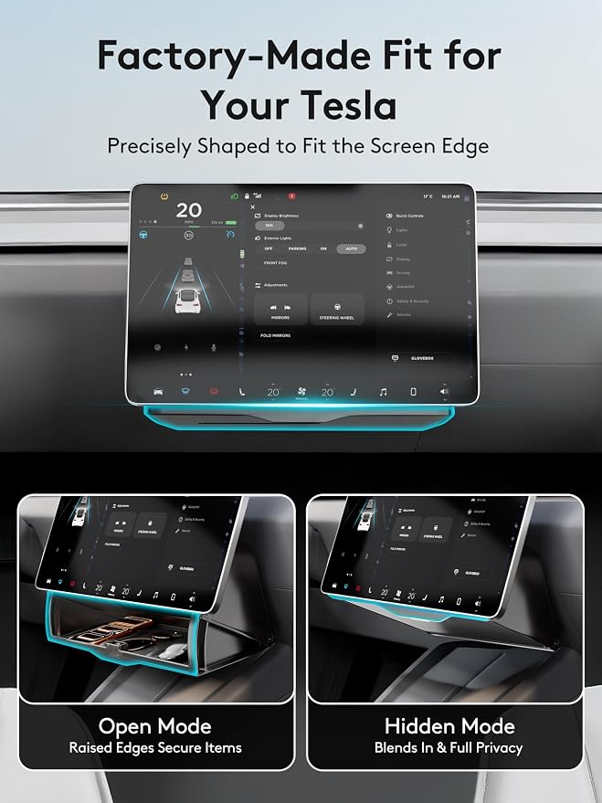 Under Screen Storage Box for Tesla Model Y and Model 3, Hidden Organizer Tray with Soft-Close Lid, Silicone Mats, Fits Juniper, Highland, and Earlier Versions