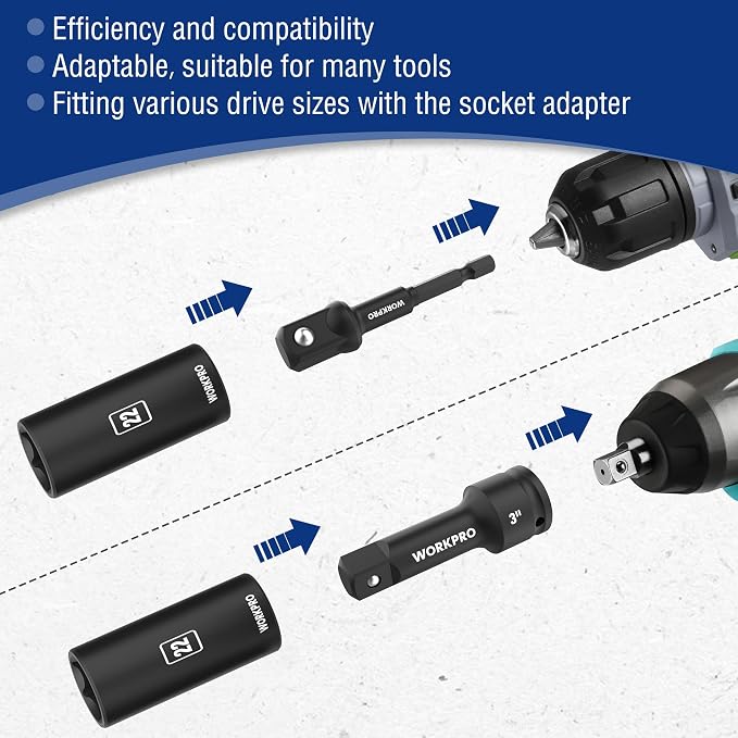 WORKPRO 20-Piece 1/2＂ Drive Deep Impact Socket Set, 6-Point, Cr-V Steel, 10-27mm, Universal Joint, Adapter and Extension Bar, Metric
