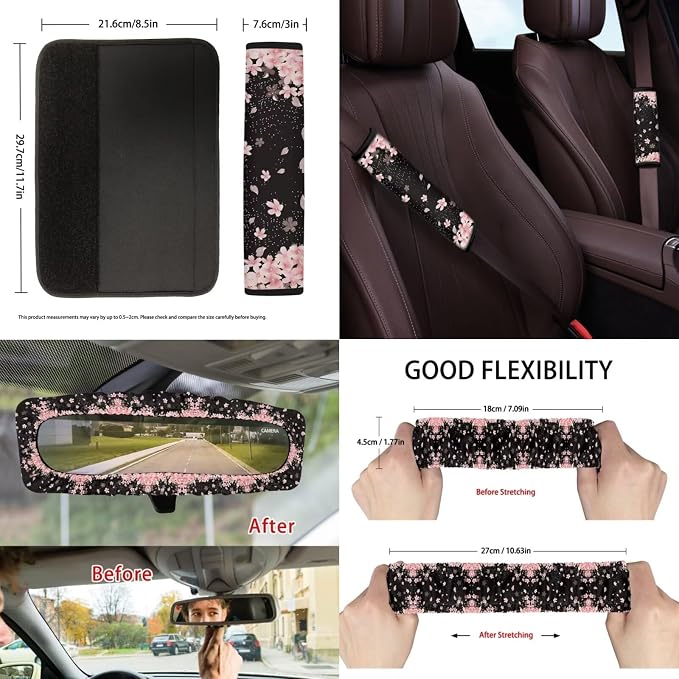 Suobstales Cherry Blossom Print Car Seat Covers Set of 13 with Universal Steering Wheel Cover, Rearview Mirror Cover, Car Trash Can, Seatbelt Pads, Cup Holder Coasters, Keychains