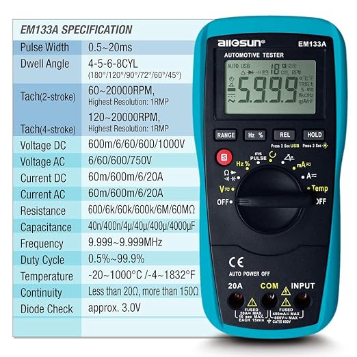 allsun EM133A Auto Multimeter AC/DC Volt Ohm Amp Tester Tool | RPM, Dwell, Pulse Width, Temp, Capacitance, Continuity, Frequency. Diagnostic for car repair, workshop, DIY maintenance