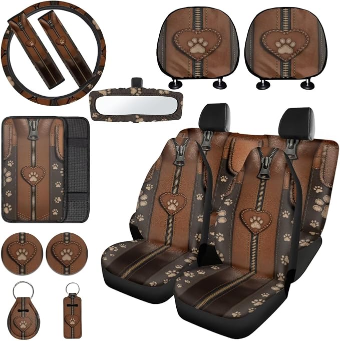 Paw Print Auto Seat Cover Full Set with Steering Wheel Covers, 15 Pcs Car Front Rear Seat Covers Comfy Armrest Pad Coaster Universal Fit for Cars SUVs Trucks, Brown