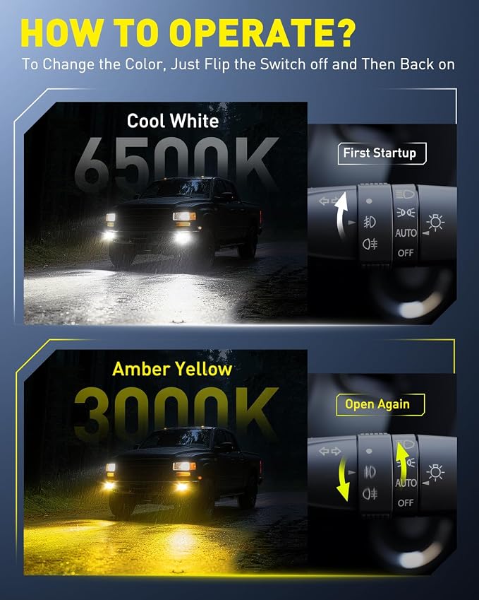 AUXITO 9006 Switchback Fog Light Bulbs, 6500K Cool White&3000K Amber Yellow 80000LM, Direct Replacement HB4 LED Fog Light Bulbs Fanless, Plug and Play, CANbus Ready No Flicker, Pack of 2