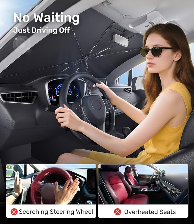 Zanch 2026 Upgraded Car Windshield Sun Shade [Cool Down by 75℉ ] with Heat Insulation Coating, Foldable Sunshade Umbrella with Flexible Handle & Ribs, Large (34''x61'') for Large SUV, Truck, Van