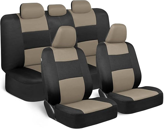 BDK PolyPro Car Seat Covers Full Set in Light Beige on Black, Front and Rear Split Bench Seat Covers for Cars, Easy to Install Car Seats Cover Set and Accessories for Auto Trucks Van SUV - Light Beige