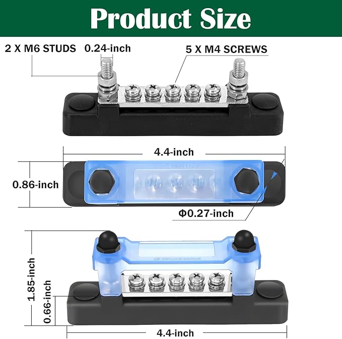 LENKRAD 2PCS 100A Marine BusBar Power Distribution Block with Waterproof Cover 12V Battery Bus Bar Terminal Automotive Ground M6 Post for RV Boat Solar Wiring - M4*5 Screws