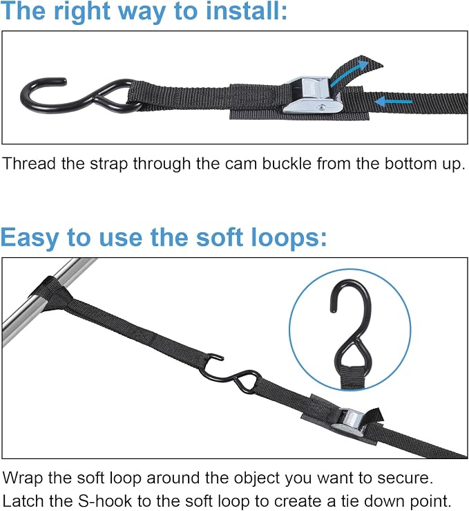 EXVITAL Tie Down Straps with Hook Cam Buckle Straps 1" x 8’ 1200lbs Break Strenght with Extra Soft Loops for Motorcycle, Kayak, ATVs, Dirt Bike, Truck, Car Black 4 Pack