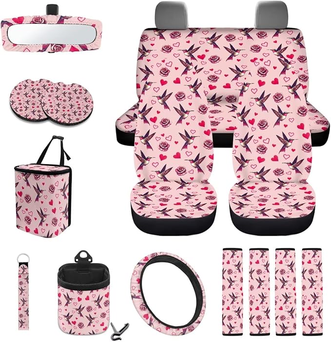 Hummingbird Rose Heart Pattern Car Seat Covers for Women with Steering Wheel Cover and Seat Belt Pads, Trash Bin, Mirror Cover, Cup Coasters, Keychain, Pack of 15