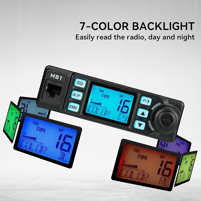 Retevis MB1 CB Radio Kit, Noise Cancellation AM/FM Mini CB Radio with Antenna, 12V/24V Cigarette Lighter Plug, 7-Color Screen, Emergency Channel 9/19, VOX, Auto-Scan, for Truckers