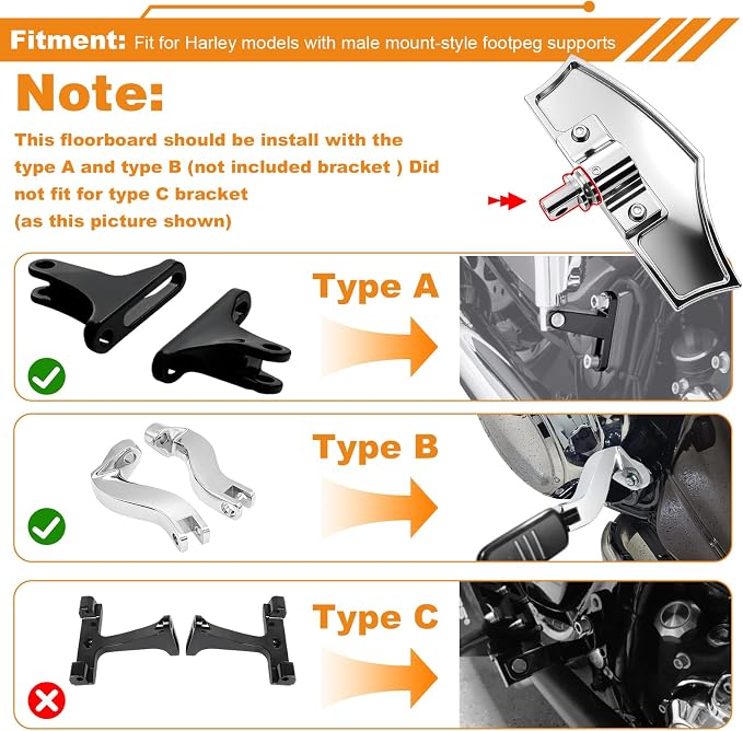 Passenger Floorboards, Rear Foot Pegs Footboards Footrests for Harley Touring Road king, Road glide, Electra glide, Street glide/Softail, Fat Boy, Bad Boy, Street Bob, Breakout, Heritage, Low Rider ST