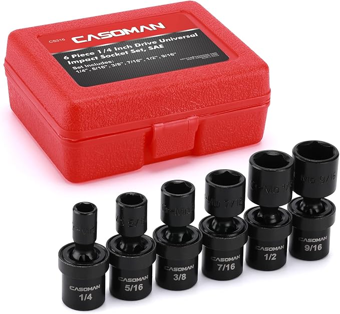 CASOMAN 1/4-Inch Drive Shallow Universal Impact Socket Set, SAE, 6 Pieces Set, 1/4" to 9/16", 6-Point, Cr-Mo, Swivel Socket