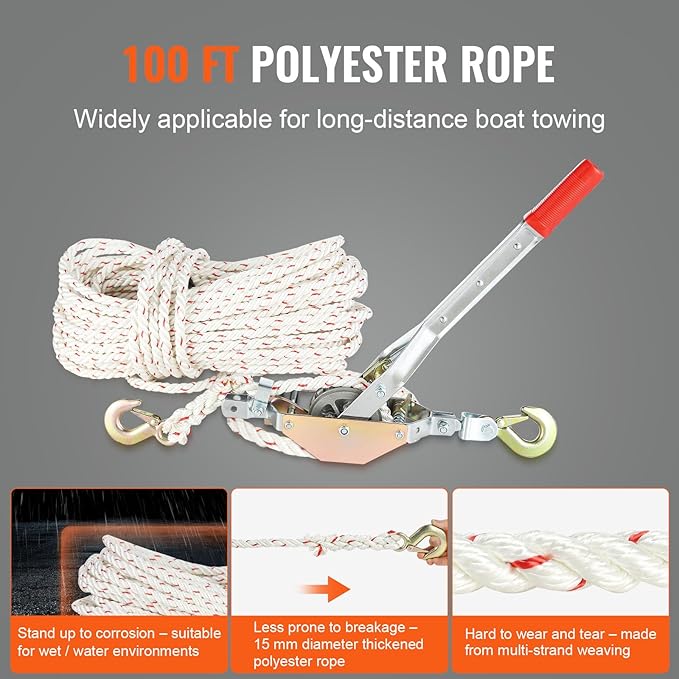 VEVOR Rope Puller, 3/4 Ton (1,653 lbs) Pulling Capacity, with 100' of 0.6" dia. Rope, 2 Hook, Come Along Winch, Heavy Duty Ratchet Power Puller Tool for Moving Boats, Securing Items, Transporting Logs