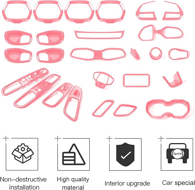 CheroCar 31 PCS Full Set Interior Decoration Trim Kit Steering Button Cover Door Handle Cover Air Outlet Cover Cup Holder Gear Cover Trim Door Speaker Cover for Jeep Renegade 2016-2018,Pink…