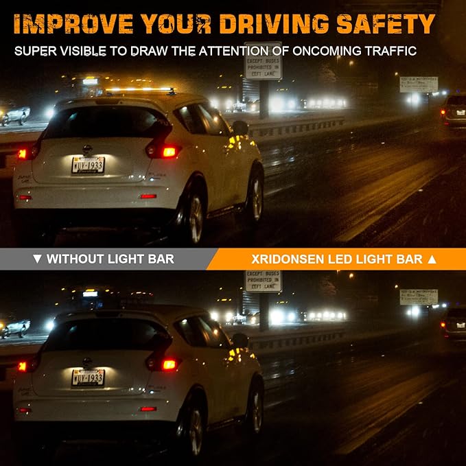 XRIDONSEN Amber White Emergency Dash Strobe Lights & 37 inch 104 LED Roof Top Strobe Light Bar Traffic Advisor Lights for Plow Tow Trucks Construction Vehicles