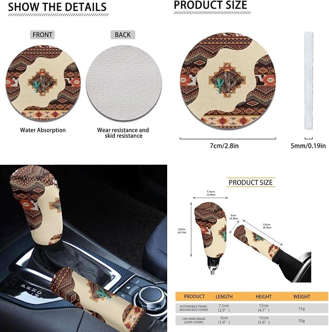 Dreaweet Aztec Car Seat Covers Full Set Southwestern Native American Steering Wheel Cover Armrest Pad Covers Seat Belt Pads Cup Holders Handbrake Cover,Universal Fit for Most Cars SUV Trucks Sedan