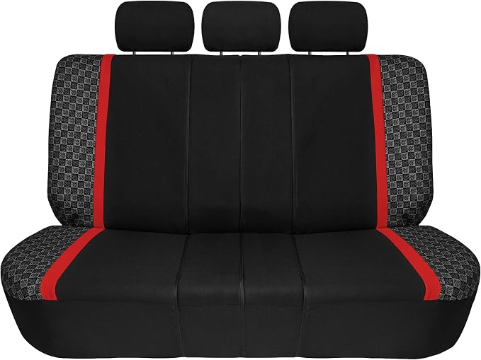 We Are Young Life is Fun™ Checker Car Seat Covers Universal Fit Interior Accessories Full Set Red Seat Cover Combo Steering Wheel Cover and Seat Belt Pads, Airbag and Split Rear Car Seat Covers