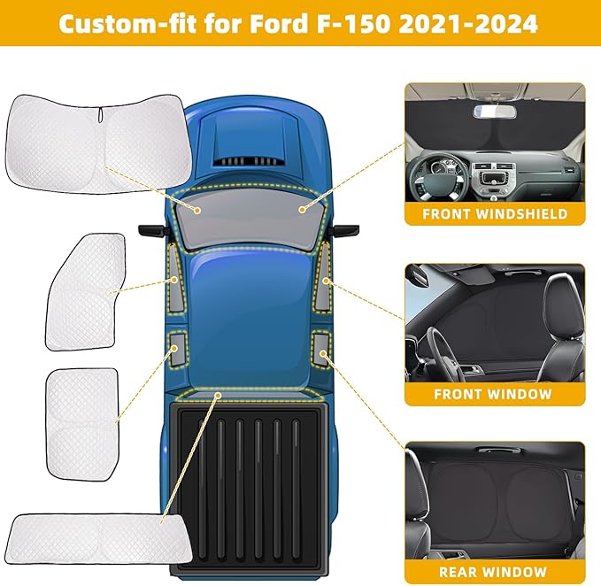ZATOOTO Car Window Shades for Ford F-150 2021-2024 - Custom Fit Front and Rear Side Window Sun Shade 100% UV Protection & Heat Blocking, Privacy Cover for Camping, Napping, Parking, Ford F-150
