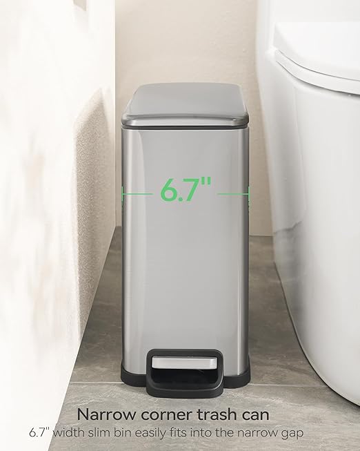 Nunsino Small Bathroom Trash Can with 15 Garbage Bags,2.6 Gallon Stainless Steel Garbage Can with Lid Soft Close,Small Trash Bin for Bathroom,Kitchen,Home Office,Silver