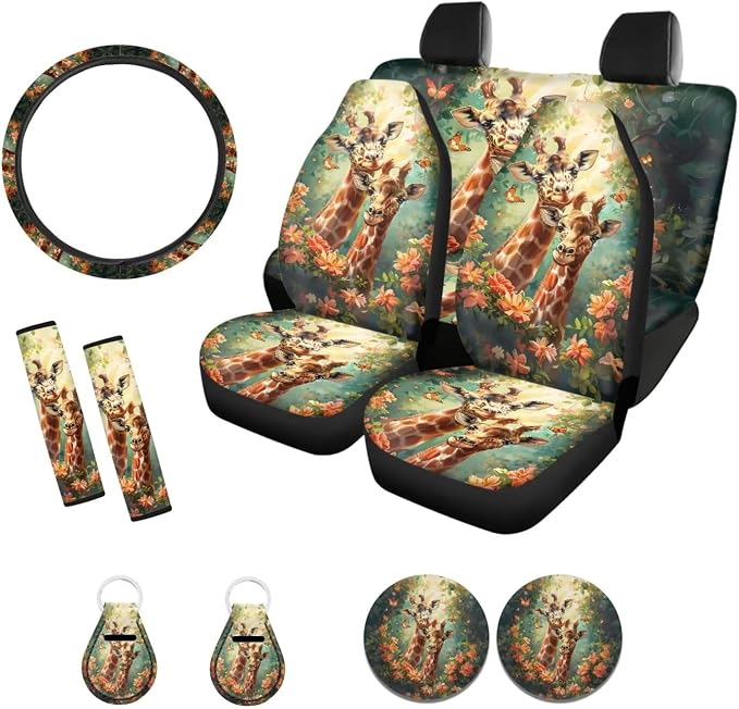 Suobstales Giraffe Butterfly Flower Print Car Accessories for Women Seat Covers Set with Universal Steering Wheel Cover Seatbelt Pads, Cup Holder Coasters, Keychain Fits SUV Trunk Sedan