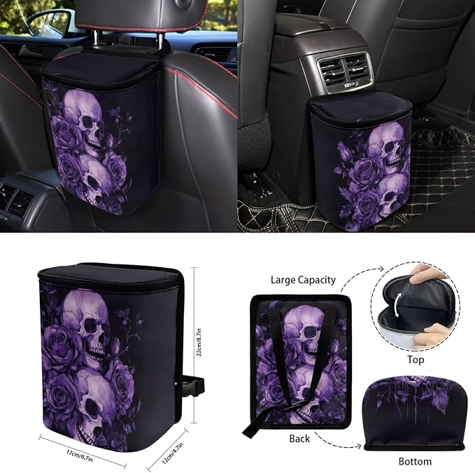 15 Pcs Purple Rose Skull Car Seat Covers Full Set for Women Goth Car Accessories Interior Car Steering Wheel Cover Seatbelt Covers Trash Bin Rear View Mirror Cover Cup Holders Keychain